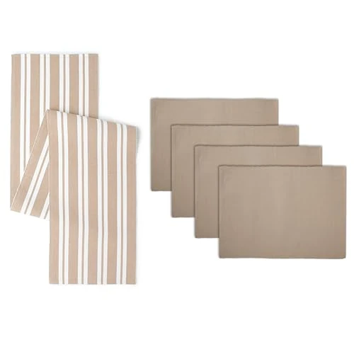 Limited offer: Encasa XO Table Runner and Placemats Set 4 | Fine Ribbed Cotton | Franca Beige | 1 Table Runner Size 32x150 cm & Each Table Mat Size 48x32 cm from 25.89 EUR to 20.71 EUR (save 20%)