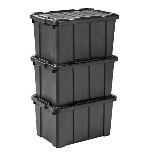Iris Ohyama, Scatole Pieghevoli, 50L, Set di 3, Nero, Grande, Solido, Impilabile, Per Garage, Scaffali, Scatola Organizer, Plastica, Contenitore, DDSKT-450