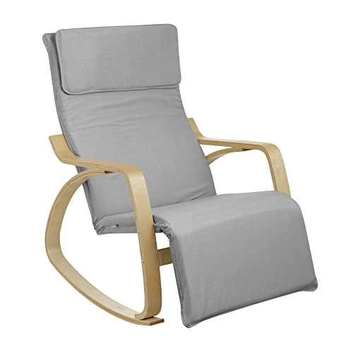 Baroni Home Rocking Chair with Wooden Armrests, Ergonomic Rocking Chair in Fabric with Headrest and Footrest Adjustable to 5 Heights, Max 150 kg, Living Room Room, Grey
