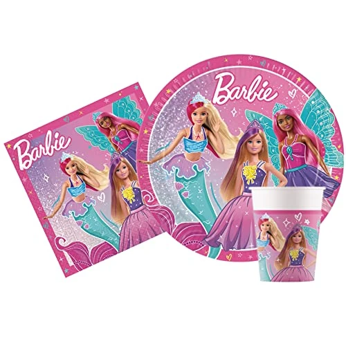 Kit Party Tavola Barbie Fantasy per 8 persone (36 pezzi: 8 piatti Ø23cm, 24 bicchieri 200ml, 20 tovaglioli 33x33cm)