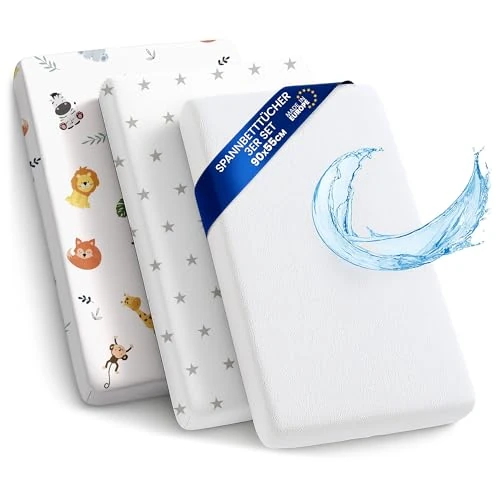 Offerta a tempo: Lenzuola con angoli per passeggino Set di 3: 55x90 cm - 2 lenzuola + 1 coprimaterasso impermeabile - Accessori per lettino per culla co-sleeping carrozzina 55 x 90 - 0.00% da 24.99 € a 24.99 €