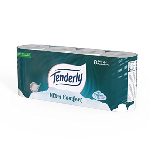 Offerta a tempo: Tenderly Ultra Comfort, 8 rotoli di Carta Igienica Pura, 3 Veli, 200* Strappi per Rotolo, Delicata sulla Pelle, Dermatologicamente Testata - 25% da 5.29 € a 3.99 €
