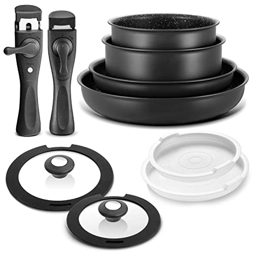 Offerta a tempo: BEZIA Set di pentole a induzione, 10 pezzi, set di pentole e padelle antiaderenti con manici rimovibili, per tutti i piani cottura, design impilabile, lavabili in lavastoviglie/forno, senza PFAS - 19% da 78.98 € a 63.99 €