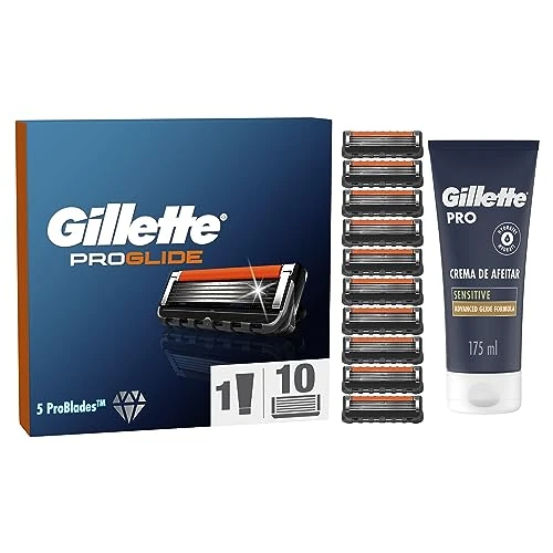 Gillette ProGlide Recambios Para Hombre, 10 Recambios + Gillette PRO Piel Sensible Crema De Afeitar 175 ml, cuchillas de afeitar, Máquinilla de afeitar hombre