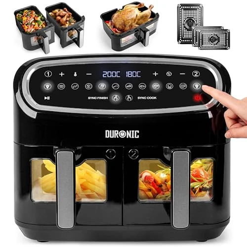 Duronic AF34 BK Frytkownica beztłuszczowa na gorące powietrze | Air fryer XXL z AFD1 duża komora 10l i 2x po 5l dwukomorowa wielofunkcyjna | dual