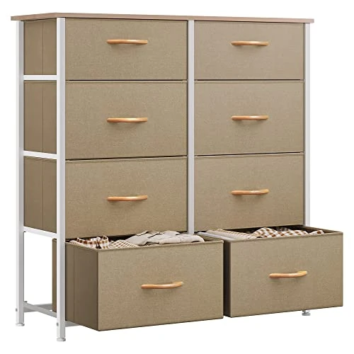 YITAHOME Dressoir voor slaapkamer met 8 laden, opberglade organizer, ladekast voor slaapkamer, woonkamer, kast, stevig stalen frame, houten plank, stoffen laden (Kaki)