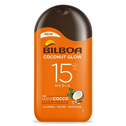 Zeitlich begrenztes Angebot: Bilboa, Sonnenmilch Coconut Glow LSF 15, Sonnencreme mit Kokosöl und Vitamin E, leicht auf der Haut, Sonnenschutz, wasserfest, 200 ml von 14.00 € auf 14.00 € (0.00% Rabatt)