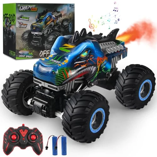 Rhybor Samochód zdalnie sterowany 1:16 RC Dinozaury Monster Truck 2,4 GHz 20 km/h Sterowany radiowo terenowy z mgiełką w sprayu Muzyka Światła LED Prezent dla dzieci w wieku 4, 5, 6, 8 lat