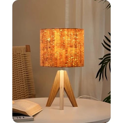 EDISHINE Wooden Bedside Lamp, E27 Socket, Vintage Tripod, Bulb Included, 36 x 20 x 20 cm, Modern Table Lamp for Bedroom, Living Room, Hotel, Grey Linen Shade