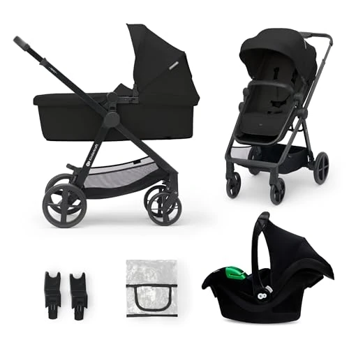 Kinderkraft Newly 3-in-1 Travel System, Lightweight Baby pram with carrycot and car seat, Compact fold, All-Terrain Wheels, UPF50+ Canopy, from Birth up to 22 kg, Black