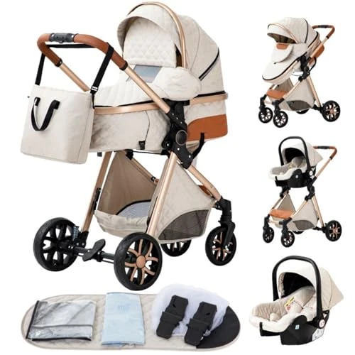 Begrenztes Angebot: YAZOCO kinderwagen 3 in 1 Buggy Babybett Komplett Set Einem Klick Zusammenklappbarer Kinderwagen, KombiKinderwagen Aluminiumrahmen für Neugeborene Sitzzubehör (4 Creme) von 189.99 EUR auf 189.99 EUR (Rabatt 0%)