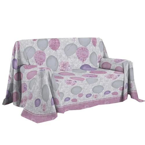 PENSIERI DELICATI Sofa Cover 180 x 290 cm, Made in Italy, 100% Pure Cotton, Pink Balloons Pattern, Ideal as a Summer Throw or Bedspread (Single Bed)