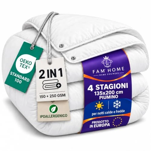 Offerta a tempo: FAM HOME Piumone Letto Singolo 4 Stagioni 135x200cm - 2 Piumini Unibili - 0.00% da 46.99 € a 46.99 €