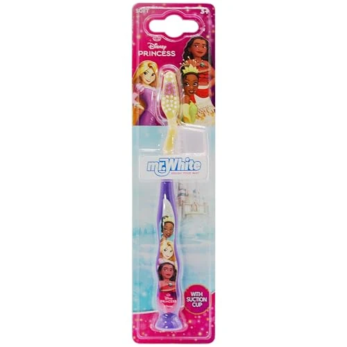 Disney Princess Little Teeth Whitening Toothbrush for Kids with Protection Cap, Soft Bristles, Non-Slip Handle & Suction Cup for Upright Storage for Children Aged 3-12 Years Old, BPA-Free & Non-Toxic