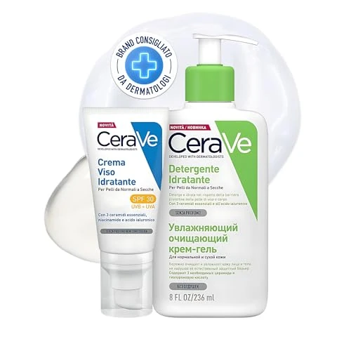 Offerta a tempo: CeraVe Kit Skincare Viso, Detergente Idratante, Per Pelli da Normali a Secche, Con Acido Ialuronico, 236 ml + SPF 30, 52 ml - 64% da 28.61 € a 10.19 €
