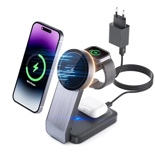 Offerta a tempo: Tigratigro Caricatore Wireless per iPhone con Mag-Safe, 3 in 1 Ricarica Rapida Stazione Magnetica Pieghevole portatile Charger per iPhone 12/13/14/15/16, AirPods 2/3/4/Pro, Watch - Nero - 38% da 39.99 € a 24.97 €