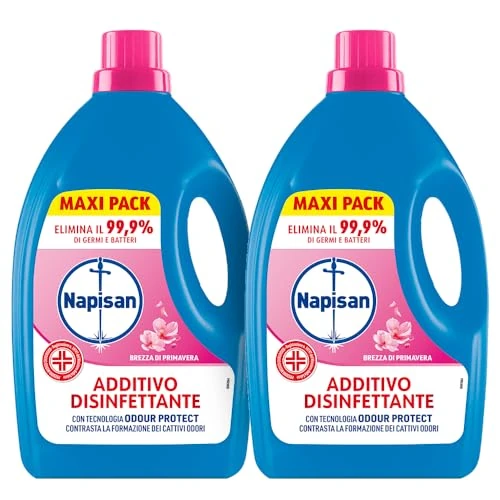 Napisan Additivo Disinfettante Lavatrice alla fragranza Brezza di Primavera, 2 Confezioni da 2.2 Litri di Additivo Liquido per Lavatrice, Contro i Batteri e i Cattivi Odori