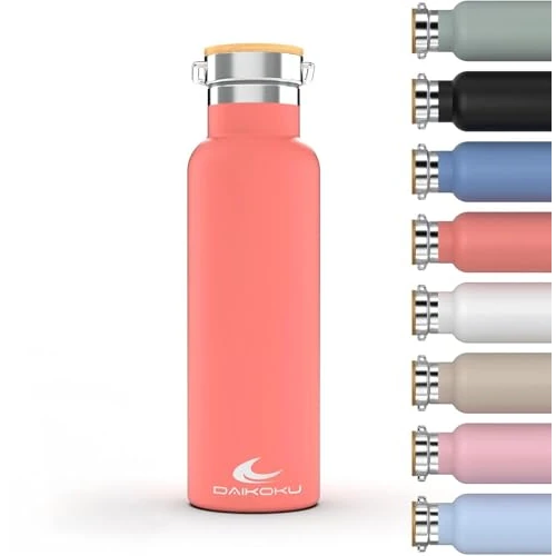 Daikoku Bottiglia, Termos in Acciaio Inossidabile a Doppia Parete, Mantiene Bevande Calde o Fredde per Ore, Due Tappi, Corallo, 500 ML