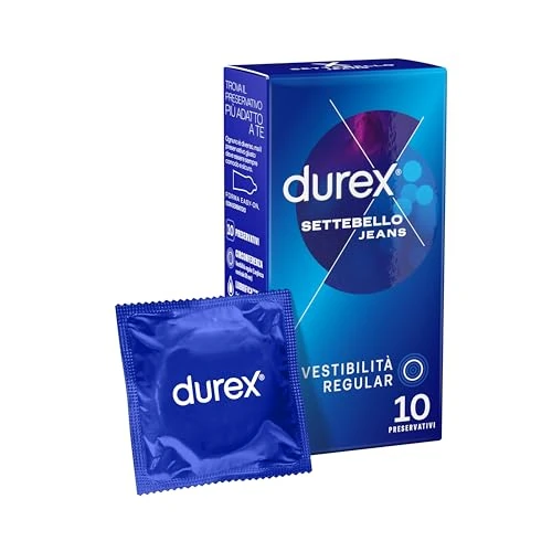 Offerta a tempo: Durex Settebello Jeans, Preservativi Classici, Vestibilità Regular, 10 Profilattici - 18% da 8.49 € a 6.92 €