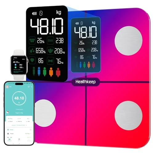Tijdelijke aanbieding: Lichaamsvetweegschaal, personenweegschaal, voor personen met lichaamsvet en spiermassa, 15 lichaamsgegevens, personenweegschaal met lichaamsvetanalyse, smart weegschaal met app, groot display, van 39.36 € naar 39.36 € (0.00% korting