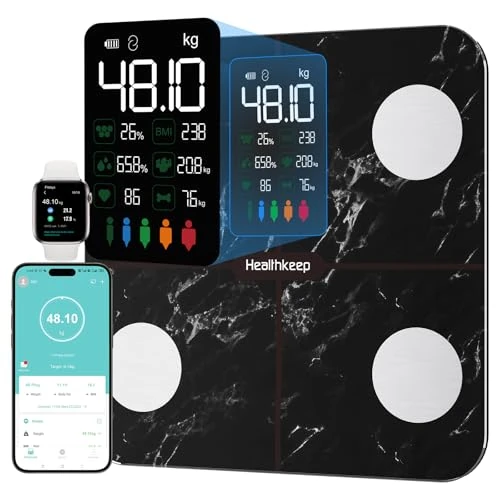 Healthkeep Body Fat Scale with Large VA Display, 15 Body Datas with Heart Rate, Smart Weight Scale Compatible with iOS & Android, Max 400lb/180kg, 28cm, Noir