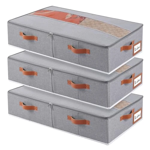 Yawinhe 3 piezas Bolsa de Almacenamiento Debajo de la Cama, Caja de Almacenaje plegable con Ventanas y Manijas Transparentes, para Almacenar Ropa, Mantas, Almohadas, 60x30x15cm, Gris