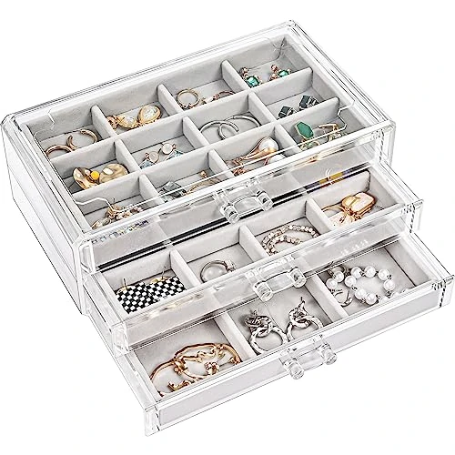 ProCase Porta Orecchini Organizer, Porta Gioielli da Cassetto con Divisori Regolabili, Porta Orecchini Chiuso da Camera, Vassoi per Gioielli Anelli Orecchini 3 Strati - Grigio