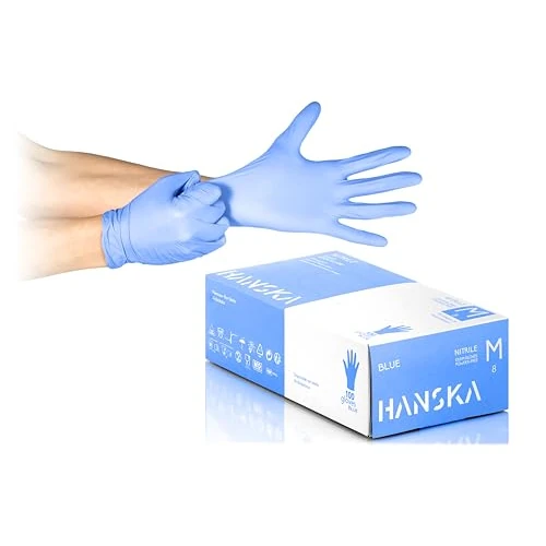 HANSKA Paquete de 100 guantes desechables de nitrilo Azul - Sin polvo - Desechables - Ambidiestros - Base de goma - Apto para uso médico y manipulación de alimentos (100, M)