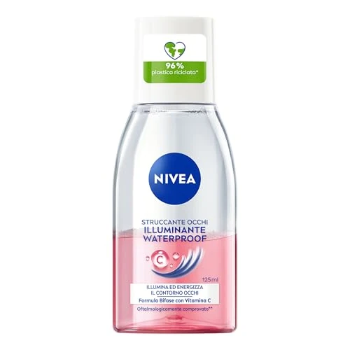 NIVEA Struccante Occhi Illuminante Waterproof 125 ml, Struccante bifasico delicato per trucco waterproof, Olio struccante con Vitamina C energizzante, Protegge le ciglia, Tutti i tipi di pelle
