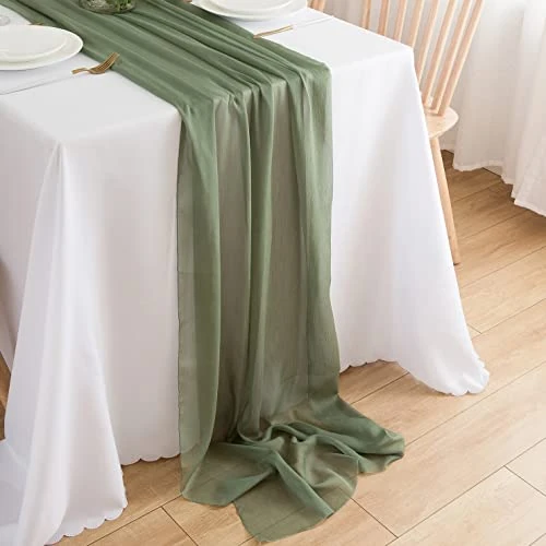 CHUQING Tischläufer Grün Chiffon Tischläufer Hochzeit Salbeigrün Stoff Hellgrün Table Runner Eukalyptus Grün Läufer Tisch Mintgrün,3 m x 70 cm