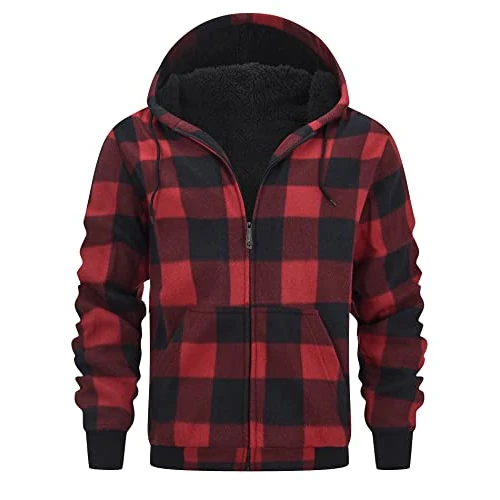 geeksport Felpa Uomo con Cappuccio Giacca Uomo in Pile Felpa Flanella a Quadri Caldo Giacca Invernale Camicia Boscaiolo con Zip 0569 Rosso L