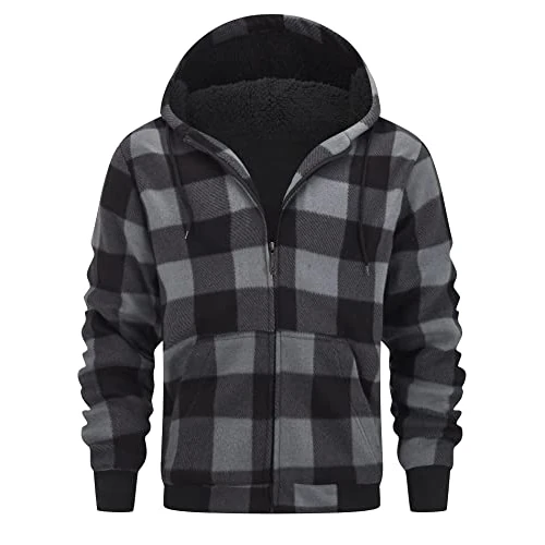 geeksport Fleecejacke Herren Sweatjacke Männer mit Kapuze Warme Kapuzenjacke Gefüttert Winterjacke Kariertes Hoodie mit ReißVerschluss, 0569-Grau L