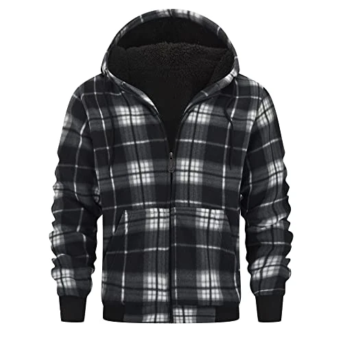 geeksport Veste Polaire Homme à Capuche Sweats Flanelle à Carreaux Zippé Veste Chemise Chaude Doublé Sweat-Shirt Avec Poches Pour D'automne D'hiver 0569 Noir XL