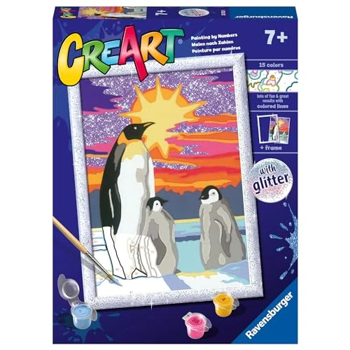 Ravensburger - CreArt z serii D: pingwiny, zestaw do malowania liczbowego, zawiera wstępnie wydrukowany stół, pędzel, kolory i akcesoria, kreatywna gra dla chłopców i dziewcząt 7+ lat