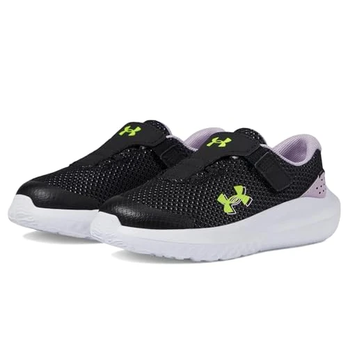 Oferta limitada: Under Armour UA GINF Surge 4 AC Zapatos de deporte para niña, calzado infantil ligero y transpirable, color negro/morado claro/amarillo fluorescente de 35.00 € a 12.65 € (ahorro 64%)