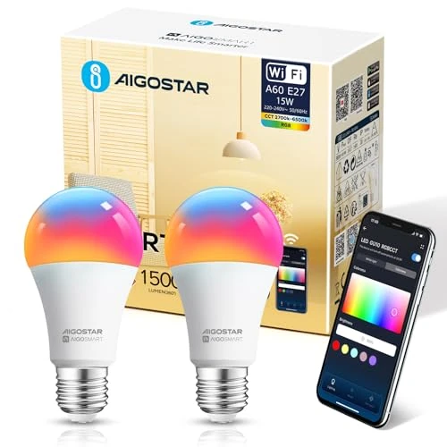 Aigostar Ampoule Connectée Wifi E27 SL2 LED Multicouleurs RGB + CCT 2700K-6500K, A60 15W 1500ML (Équivalent 98W), Compatible Avec Alexa/Google Home, Ampoule Intelligente Pas Besoin de Hub, 2 PCS