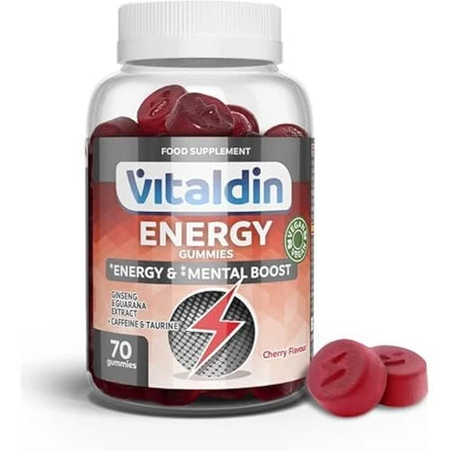 Offerta a tempo: VITALDIN Energy Gummies – 70 Caramelle Gommose Energetiche con Ginseng, Guaranà, Caffeina e Taurina – Favorisce la Concentrazione, Aumenta le Prestazioni Fisiche e Mentali – gusto Ciliegia – Vegano - 23% da 12.50 € a 9.59 €