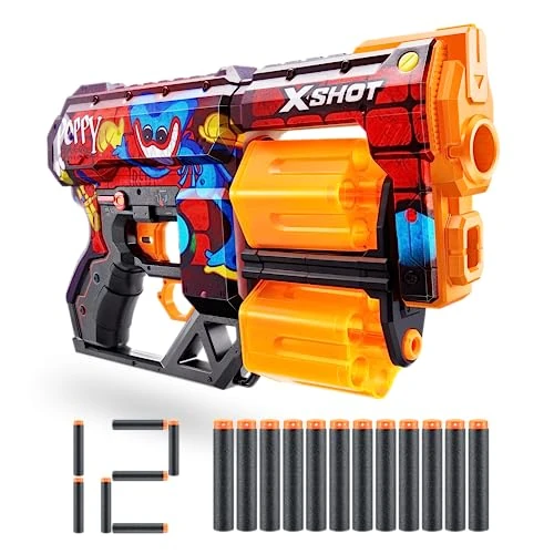 X-Shot Skins Dread Blaster - Poppy Playtime (Toony) di Zuru, con 12 freccette, doppia canna girevole, tecnologia Air Pocket, giocattolo in schiuma per bambini, ragazzi e adulti