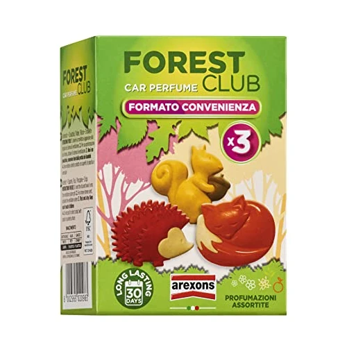 AREXONS Forest Club & Friends Tripack, Profumatore Auto, Durata Fino a 30 Giorni, Confezione da Tre Animaletti, Fragranza Orange Sunrise, Vanilla&Tea, Pink Flowers, Made in Italy