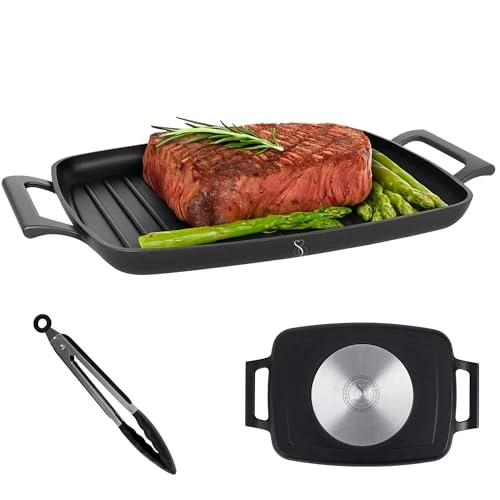 Stone&Stone Poêle grille rectangulaire 47 cm, Revêtement Type Pierre, Gril à induction PROFESSIONNEL avec fond en acier SUPER antiadhésif, hanche au four, développé avec la technologie allemande