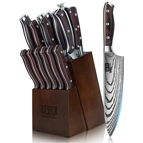 SHAN ZU Juego de Cuchillos Cocina, 16 Piezas Set Cuchillos Cocina Profesional de Acero Inoxidable de Alto Carbono, Juego de Cuchillos con Bloque de Madera, Afilador, Cuchillo de Chef, Santoku, Tijeras