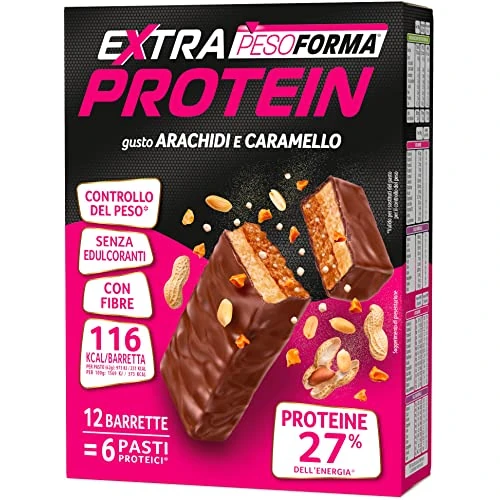 PESOFORMA EXTRA PROTEIN, Barrette Proteiche al Gusto Arachidi e Caramello, Pasto Sostitutivo con Vitamine e Minerali, Per il