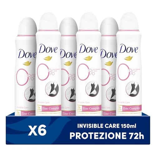 Offerta a tempo: Dove Deodorante Spray 0% Invisible Care, Formula Idratante e Anti-macchia, Senza Alcol e Sali di Alluminio, Protezione Fino a 48 Ore, Deodorante Uomo e Donna, 6 Pezzi da 150ml - 0.00% da 26.79 € a 26.79 €