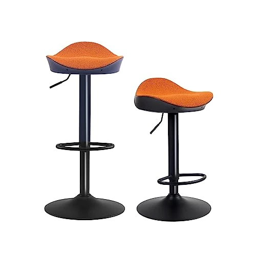 Kidol & Shellder Barkruk, eetkamerstoelen, set van 2, zwart, oranje, fleece, teddyfleece, in hoogte verstelbaar, 360 graden van PU en metaal, voor huis, keuken, toonbank, bistro