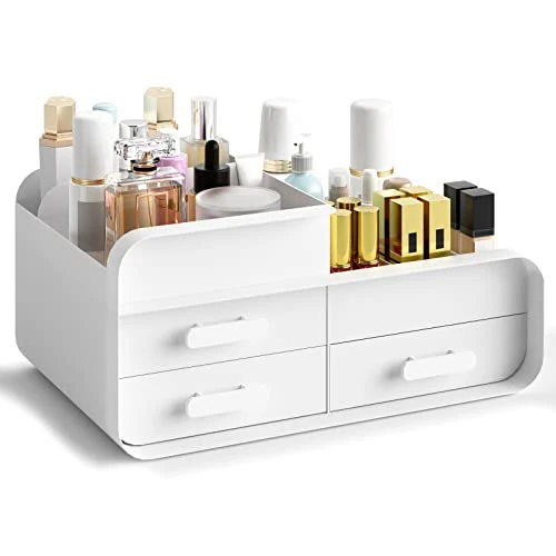 Macallen Modern Make Up Organiser - Cosmetics Organiser Makeup Storage Makeup Desk Stand Holder With 3 Drawers, White