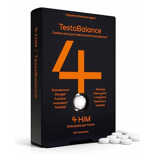 4 HIM TestoBalance - Energia e Funzione Muscolare - Zinco + Magnesio + B6, Fieno greco, L-Arginina e Ginseng - 60 compresse vegane