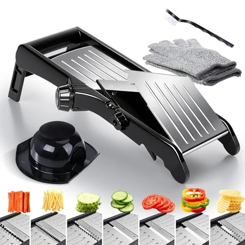 Masthome Mandolina de Cocina Profesional, Mandolina de Acero Inoxidable con Cuchillas Ajustables, Apto para Patatas, Zanahorias, Tomates, Repollo, con Guantes Protectores y Cepillos de Dientes Limpios