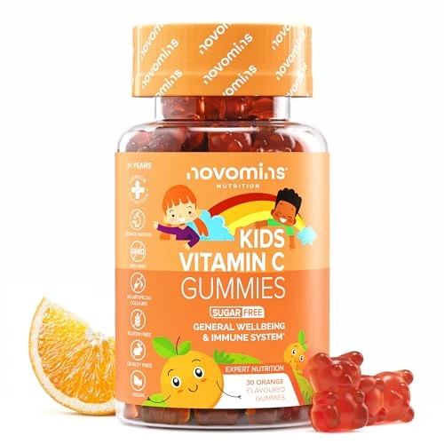 Vitamina C Niños - Sin Azúcar - con Bioflavonoides, Rosa Mosqueta, Vitamina B6, Zinc y Selenio - 30 Gominolas - 40 mg de Vitamina C Puro - Vegano y Sin Gluten - para el Sistema Inmunológico - Novomins