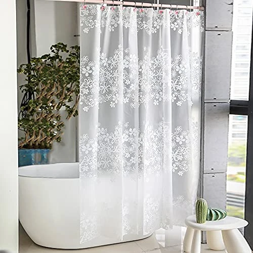 Vllcsla Cortina de Ducha Antimoho Impermeable Flores, 300x200cm, 200 Largo, 300 Ancho, Cortinas Ducha Baño Lavables con Ganchos U, Cortinas Baño para Bañera Flor Blanca, Plegable, Plástica, Primavera