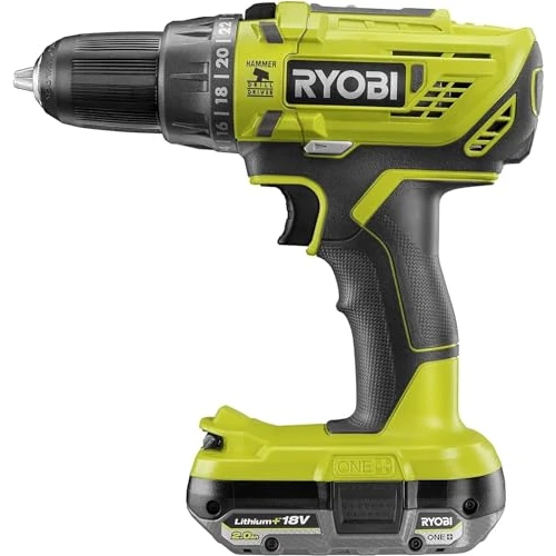 Ryobi R18PD32-1C20G, Trapano a Percussione a Batteria 18V ONE+, 2 Velocità, 24 Posizioni di Coppia, Ideale per Forare Legno e Muratura, Luce LED, 1 Batteria al Litio 2.0Ah e 1 Caricabatterie